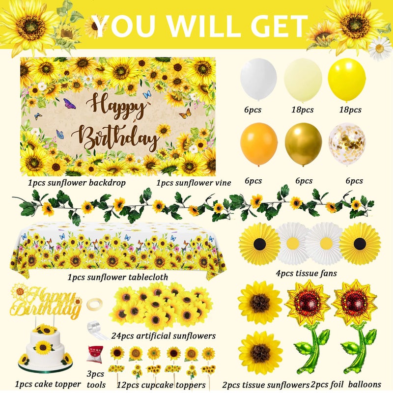 BORAMDO Sunflower Birthday Party Decoration Pack 111 Pcs Baby Shower Party Supplies Wedding Decor include Backdrop Tablecloth Artificial Sunflower Garland Cake Topper Balloon Garland Arch Tissue Paper Flower - Image 2